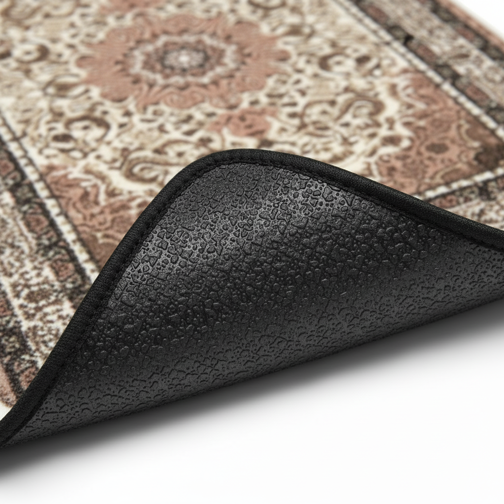 Anti-slip backing detail of Tabriz Amber ethnic oriental premium car floor mat showing grip texture