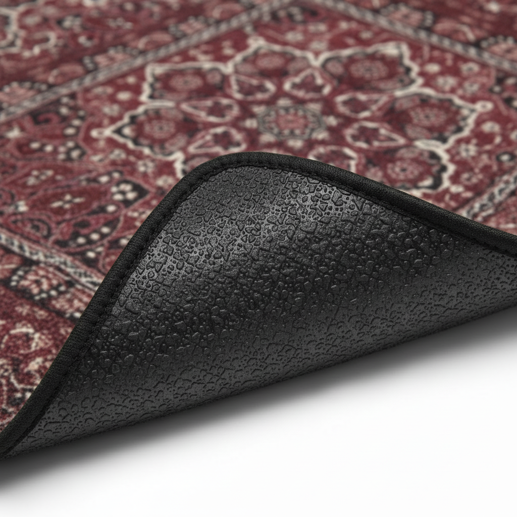 Anti-slip backing detail of Bidjar Burgundy ethnic oriental premium car floor mat showing grip texture