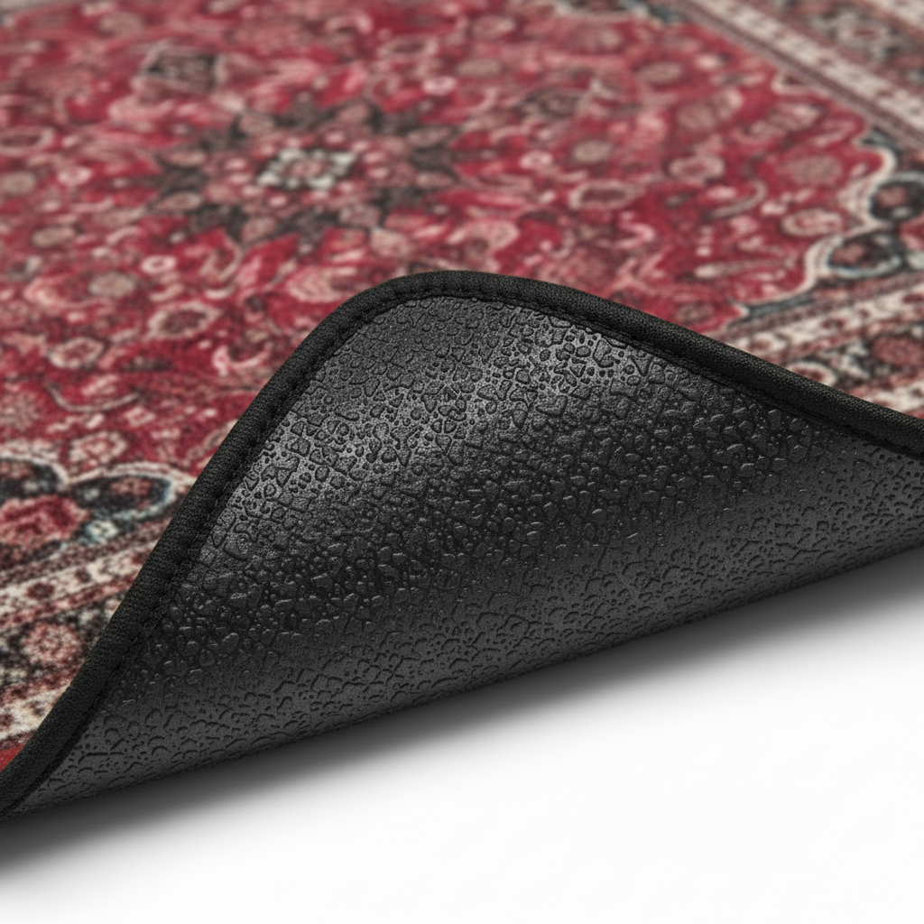 Anti-slip backing detail of Isfahan Garnet ethnic oriental premium car floor mat showing grip texture