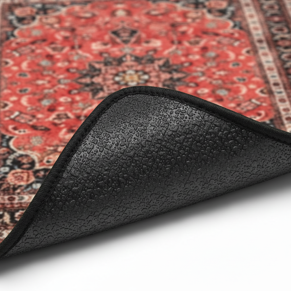 Anti-slip backing detail of Kashan Coral ethnic oriental premium car floor mat showing grip texture