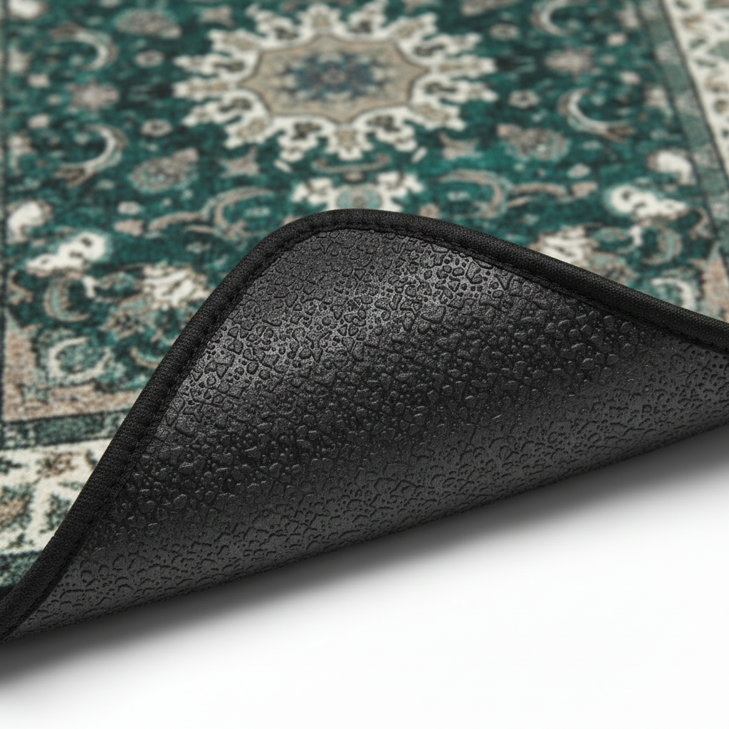 Anti-slip backing detail of Kerman Emerald ethnic oriental premium car floor mat showing grip texture