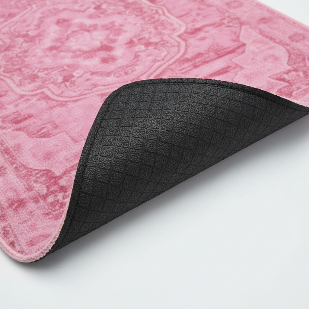 Anti-slip backing detail of Qum Rose ethnic oriental premium car floor mat showing grip texture