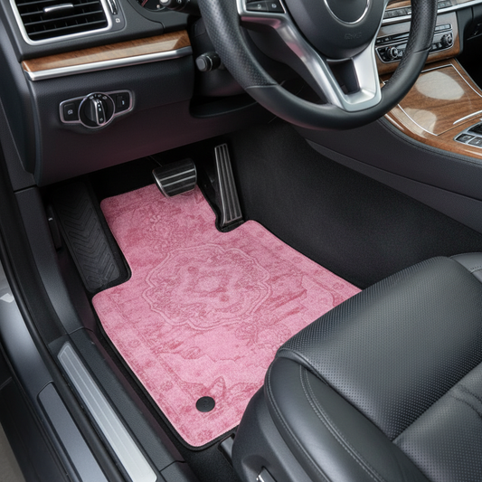 Qum Rose ethnic car mat professional display - premium oriental floor mat with pink rose design