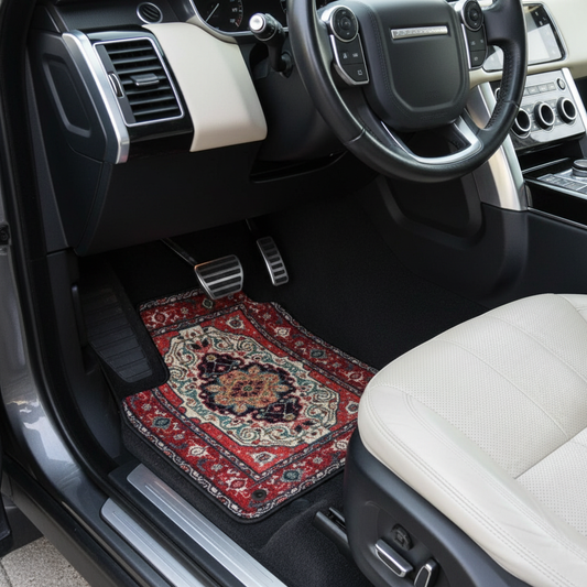 Sarouk Crimson ethnic car mat installed in Range Rover Sport - premium oriental floor mat with crimson red design