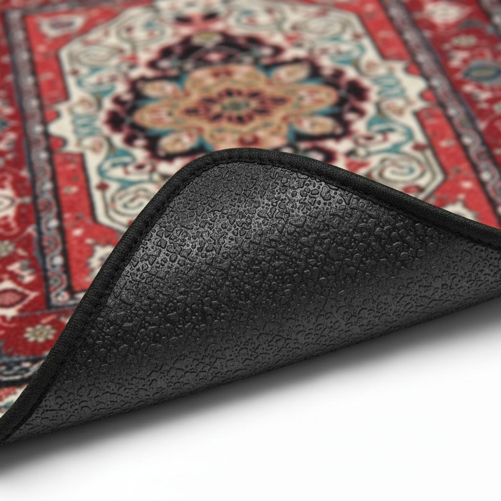 Anti-slip backing detail of Sarouk Crimson ethnic oriental premium car floor mat showing grip texture