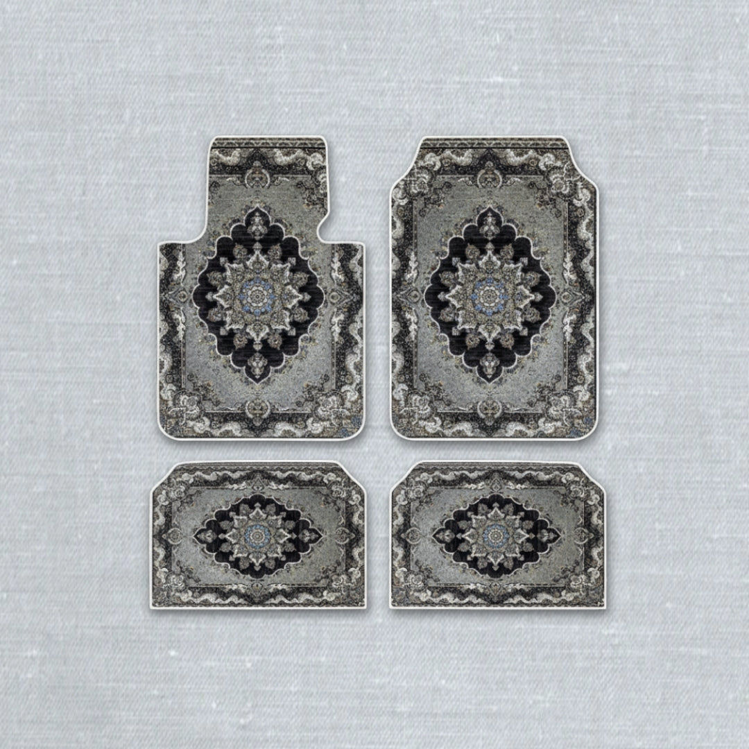 Isfahan Silver oriental car floor mat set with ethnic Persian medallion pattern and anti-slip backing