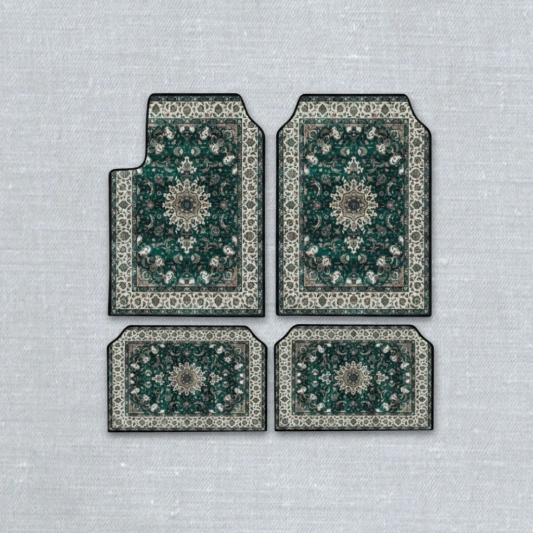 Kerman Emerald oriental car floor mat set with ethnic Persian medallion pattern and anti-slip backing