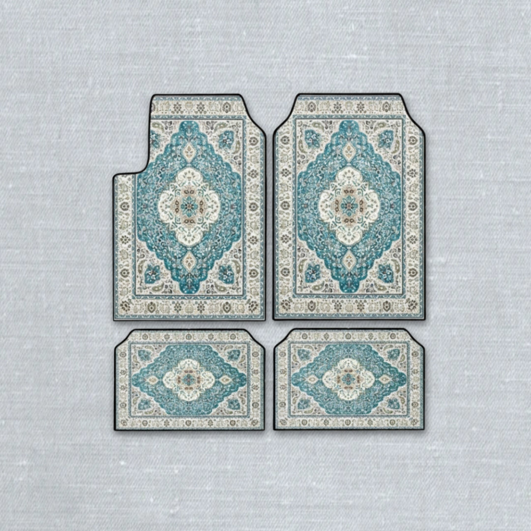 Tabriz Aquamarine oriental car floor mat set with ethnic Persian medallion pattern and anti-slip backing