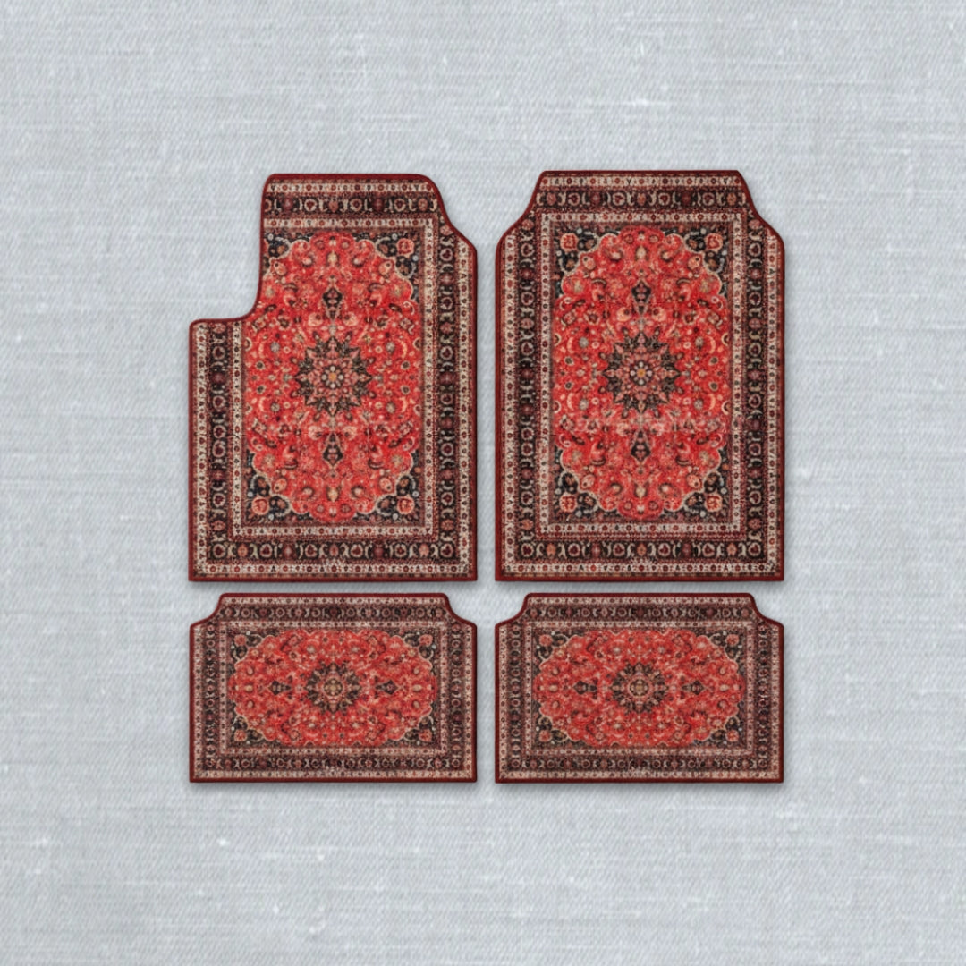 Kashan Coral oriental car floor mat set with ethnic Persian medallion pattern and anti-slip backing
