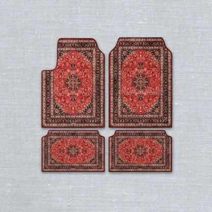 Kashan Coral oriental car floor mat set with ethnic Persian medallion pattern and anti-slip backing