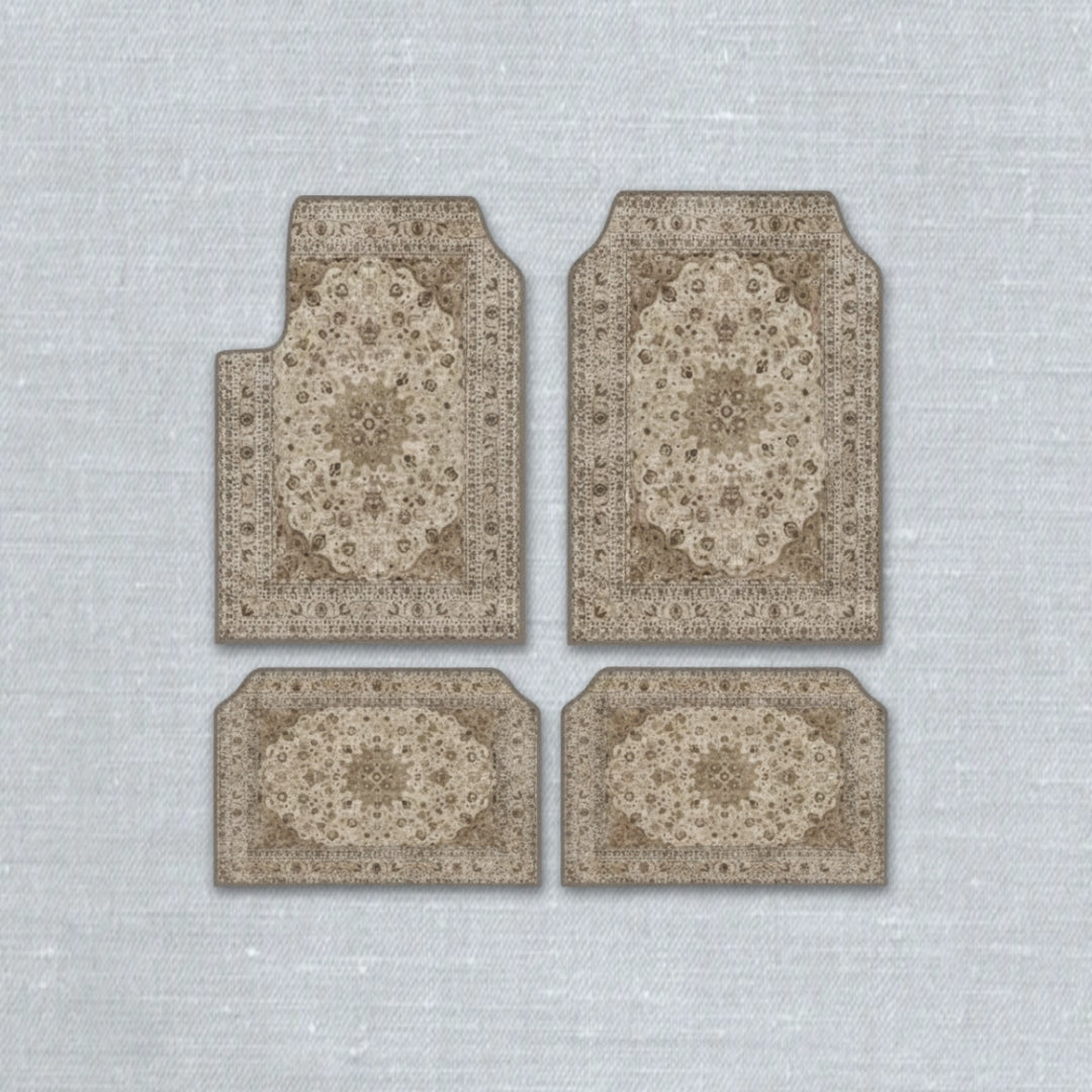 Nain Ivory oriental car floor mat set with ethnic Persian medallion pattern and anti-slip backing