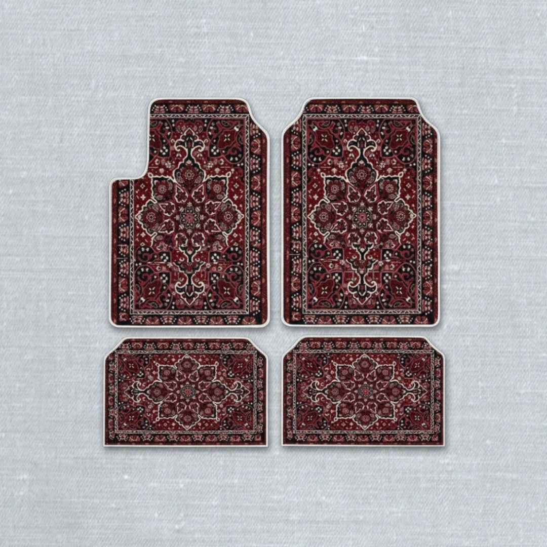 Bidjar Burgundy oriental car floor mat set with ethnic Persian vine pattern and anti-slip backing
