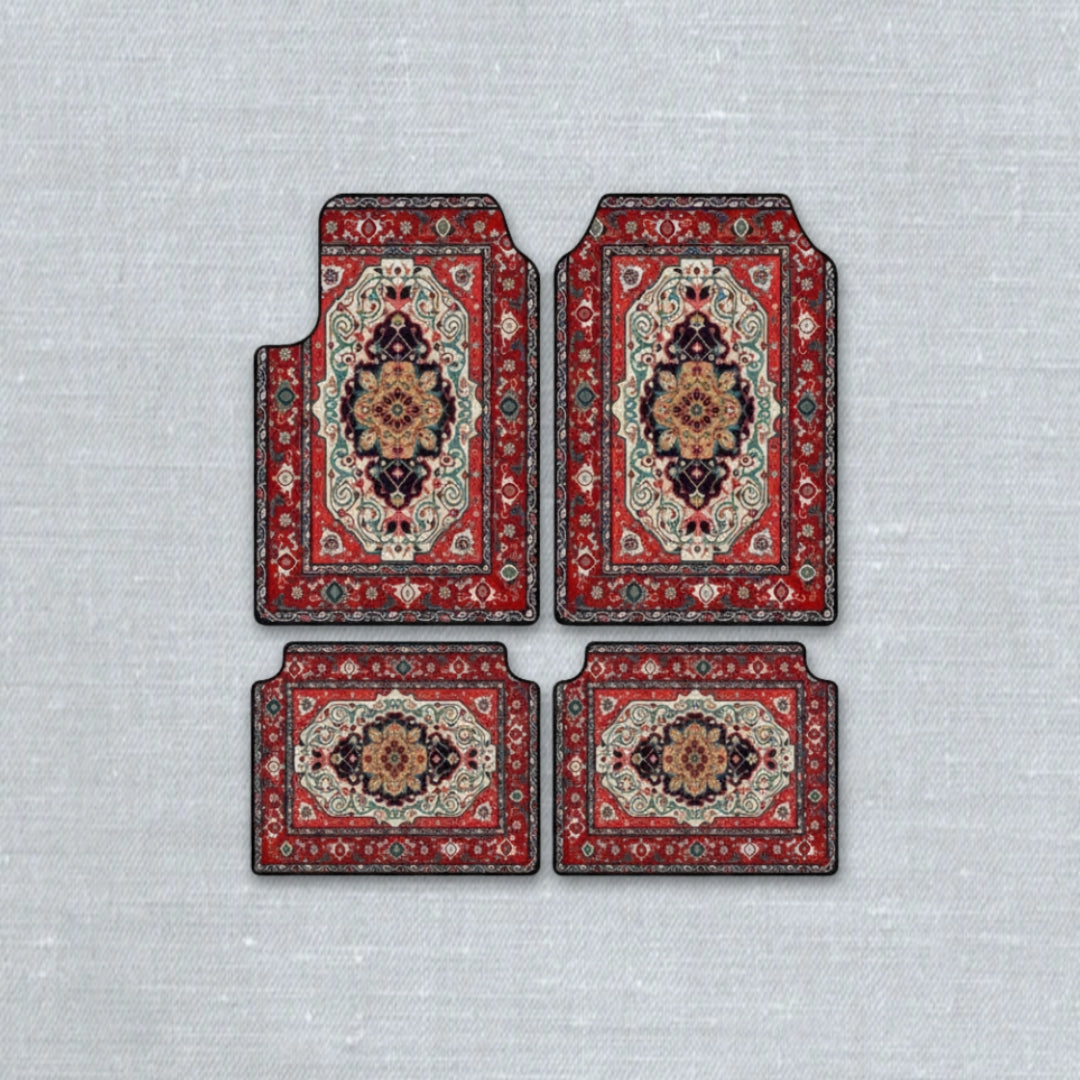 Sarouk Crimson oriental car floor mat set with ethnic Persian medallion pattern and anti-slip backing