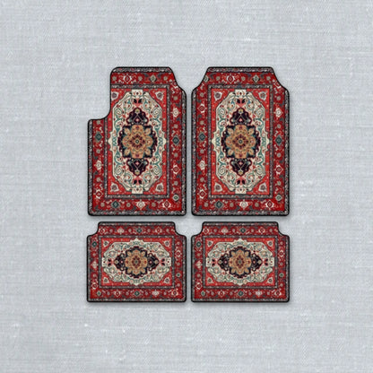 Sarouk Crimson oriental car floor mat set with ethnic Persian medallion pattern and anti-slip backing