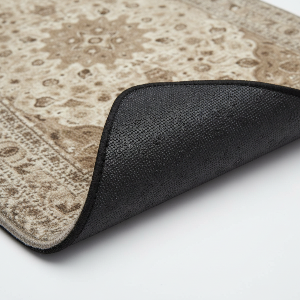 Anti-slip backing detail of Nain Ivory ethnic oriental premium car floor mat showing grip texture