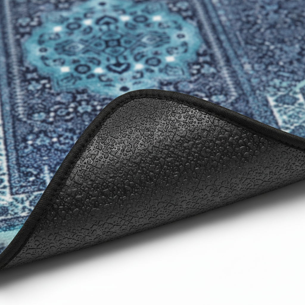 Anti-slip backing detail of Nain Sapphire ethnic oriental premium car floor mat showing grip texture