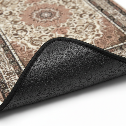 Anti-slip backing detail of Tabriz Amber ethnic oriental premium car floor mat showing grip texture