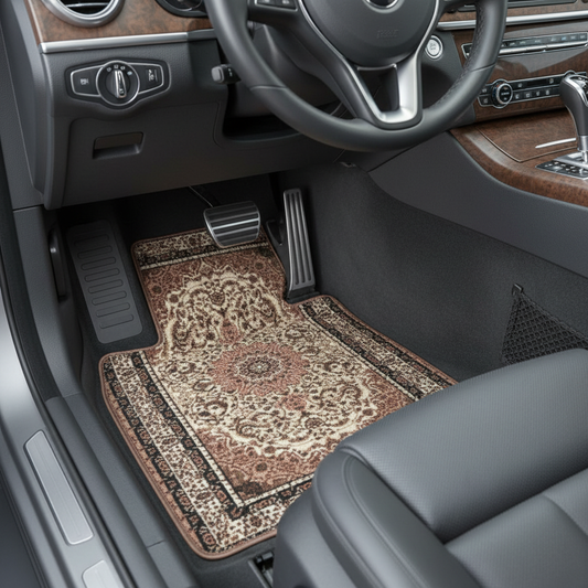 Tabriz Amber ethnic car mat professional display - premium oriental floor mat with amber brown design