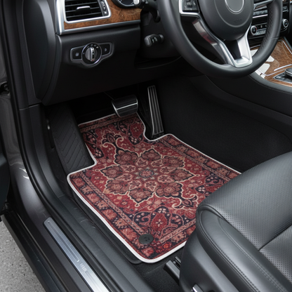Kashan Burgundy ethnic car mat professional display - premium oriental floor mat with burgundy trellis design