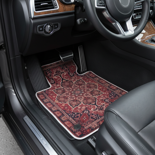 Kashan Burgundy ethnic car mat professional display - premium oriental floor mat with burgundy trellis design