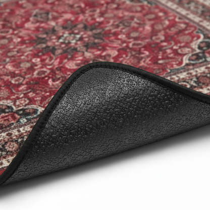 Anti-slip backing detail of Isfahan Garnet ethnic oriental premium car floor mat showing grip texture