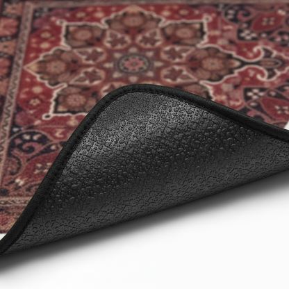 Anti-slip backing detail of Kashan Burgundy ethnic oriental premium car floor mat showing grip texture