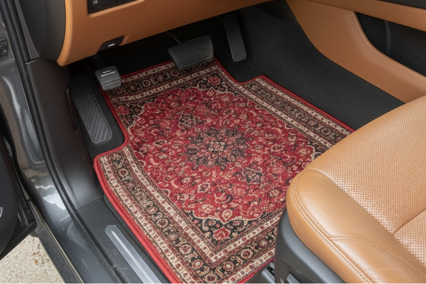 Car mat in Cadillac Escalade with caramel leather