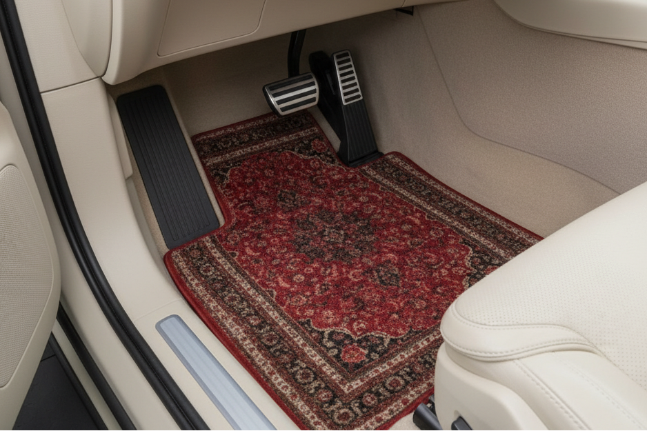 Car mat in Volvo XC90 with blonde Scandinavian leather