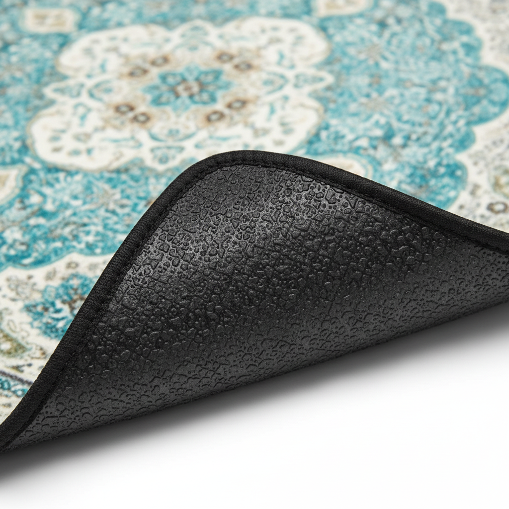 Anti-slip backing detail of Tabriz Aquamarine ethnic oriental premium car floor mat showing grip texture