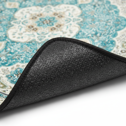 Anti-slip backing detail of Tabriz Aquamarine ethnic oriental premium car floor mat showing grip texture