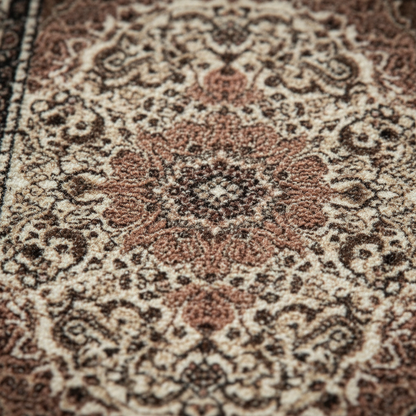 Close-up of Tabriz Amber oriental car mat showing intricate ethnic Persian medallion pattern and premium weave