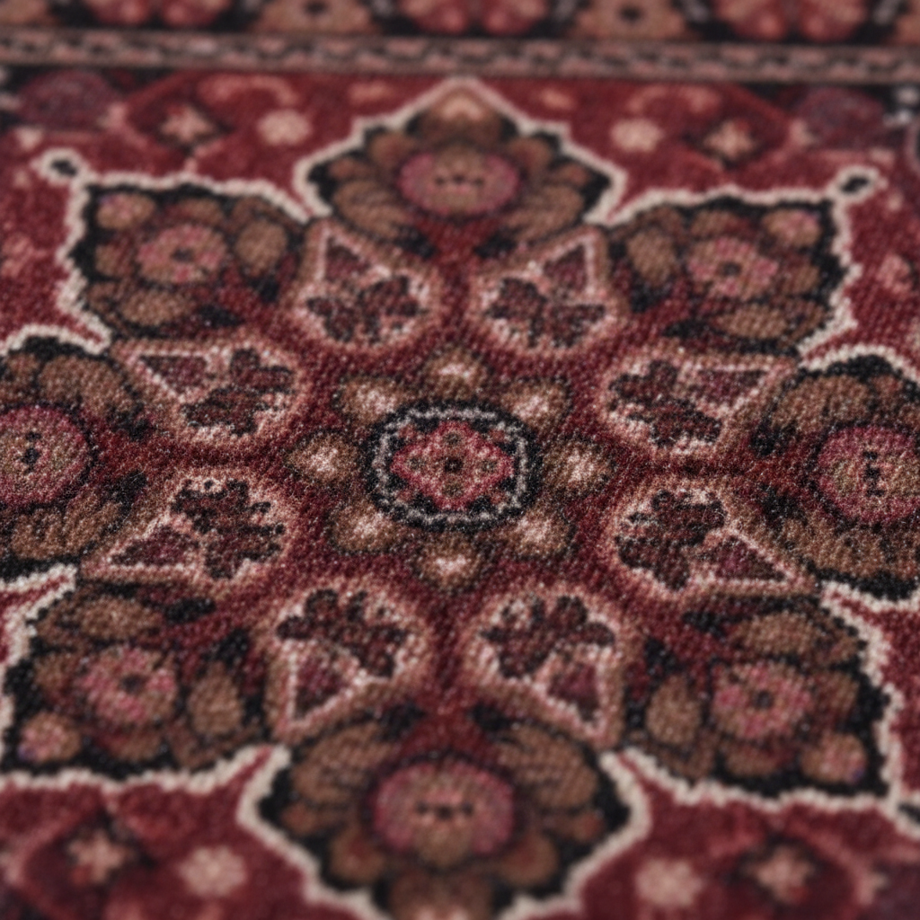 Close-up of Kashan Burgundy oriental car mat showing intricate ethnic Persian trellis pattern and premium weave
