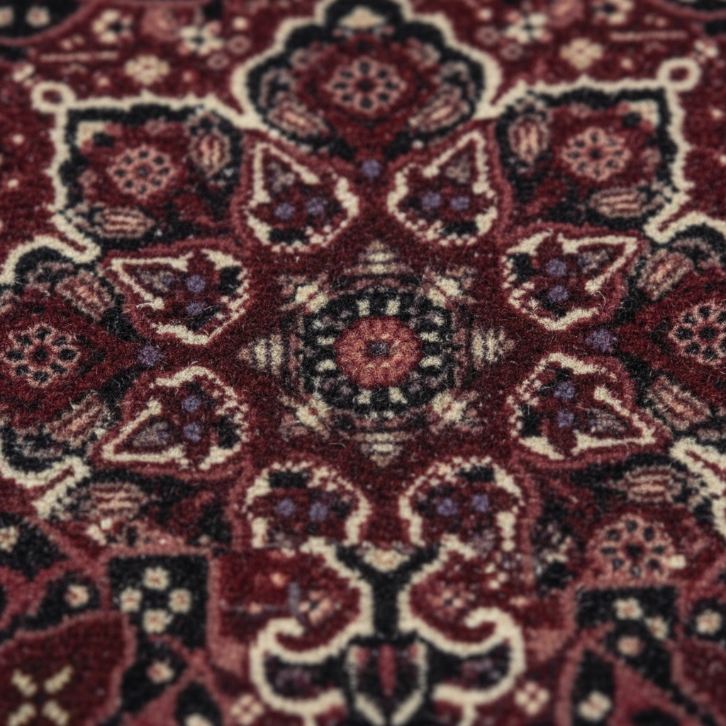 Close-up of Bidjar Burgundy oriental car mat showing intricate ethnic Persian vine pattern and premium weave
