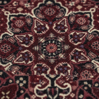 Close-up of Bidjar Burgundy oriental car mat showing intricate ethnic Persian vine pattern and premium weave