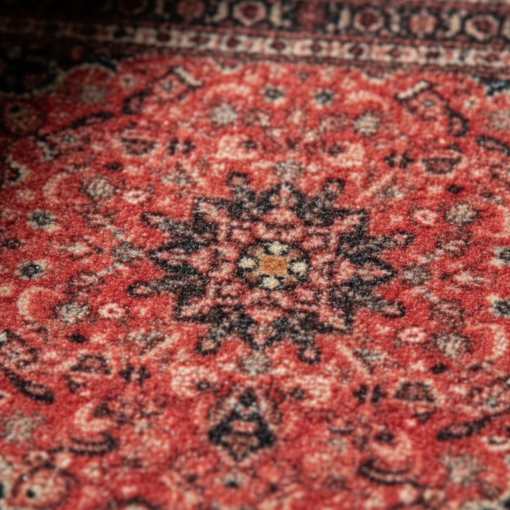 Close-up of Kashan Coral oriental car mat showing intricate ethnic Persian medallion pattern and premium weave