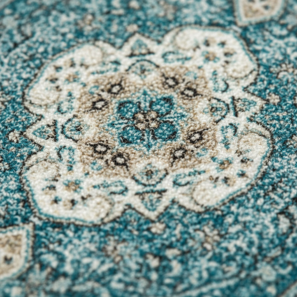 Close-up of Tabriz Aquamarine oriental car mat showing intricate ethnic Persian medallion pattern and premium weave