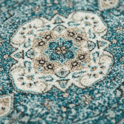 Close-up of Tabriz Aquamarine oriental car mat showing intricate ethnic Persian medallion pattern and premium weave