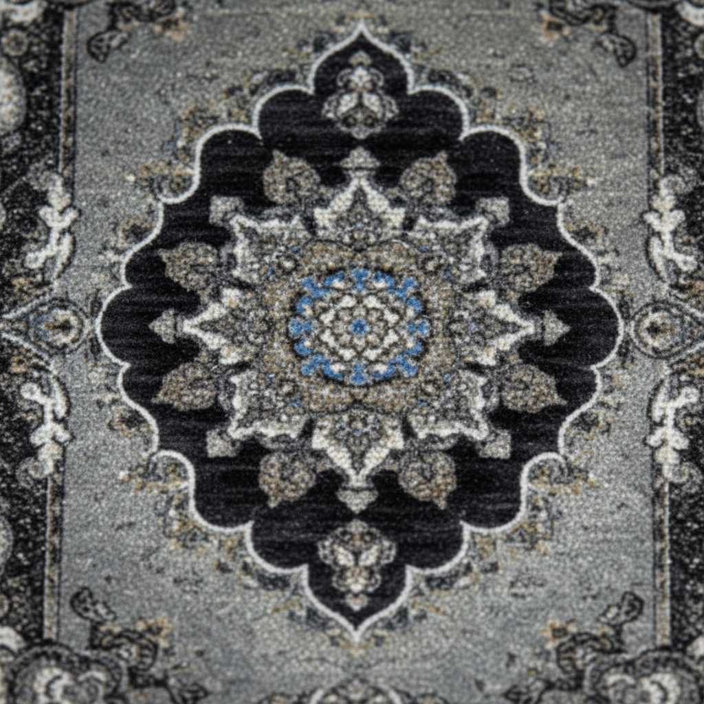 Close-up of Isfahan Silver oriental car mat showing intricate ethnic Persian medallion pattern and premium weave