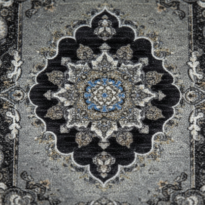 Close-up of Isfahan Silver oriental car mat showing intricate ethnic Persian medallion pattern and premium weave