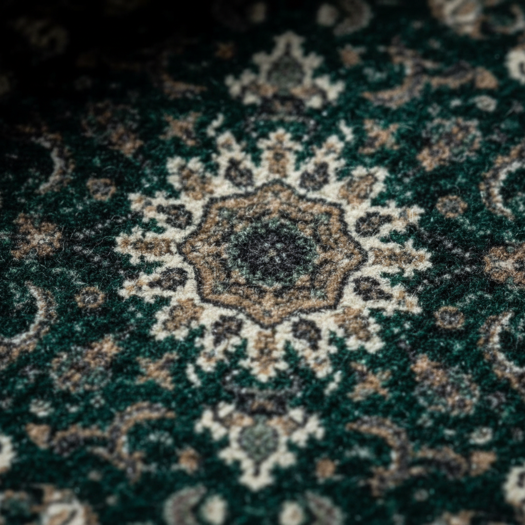 Close-up of Kerman Emerald oriental car mat showing intricate ethnic Persian medallion pattern and premium weave
