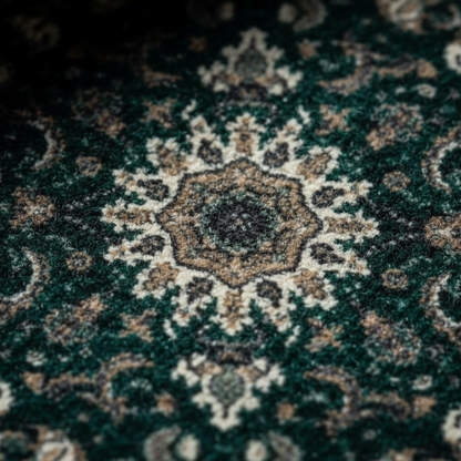 Close-up of Kerman Emerald oriental car mat showing intricate ethnic Persian medallion pattern and premium weave