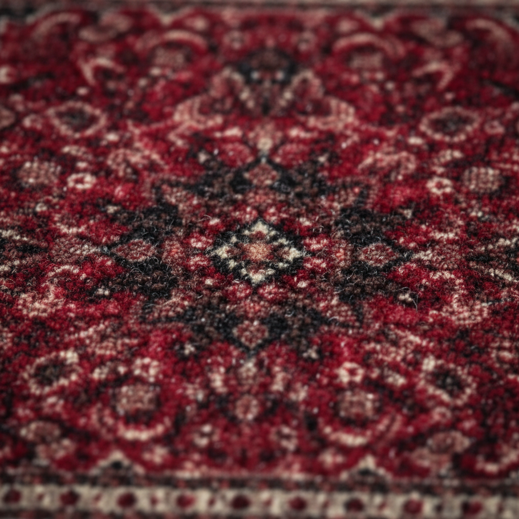 Close-up of Isfahan Garnet oriental car mat showing intricate ethnic Persian medallion pattern and premium weave