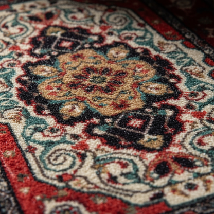 Close-up of Sarouk Crimson oriental car mat showing intricate ethnic Persian layered medallion pattern and premium weave