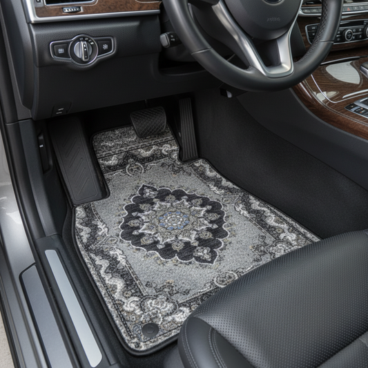 Isfahan Silver ethnic car mat professional display - premium oriental floor mat with silver gray design