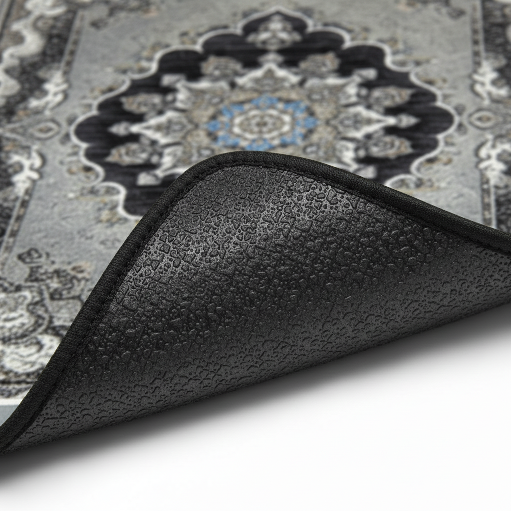 Anti-slip backing detail of Isfahan Silver ethnic oriental premium car floor mat showing grip texture