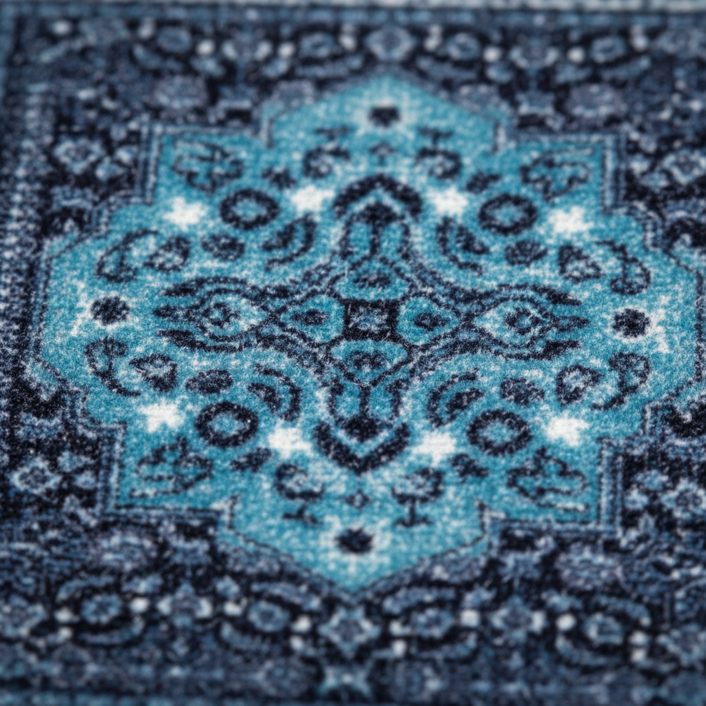 Close-up of Nain Sapphire oriental car mat showing intricate ethnic Persian medallion pattern and premium weave