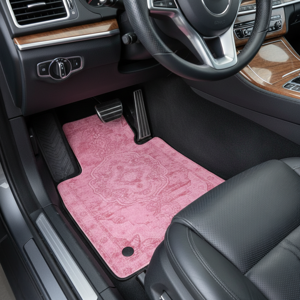 Qum Rose ethnic car mat professional display - premium oriental floor mat with pink rose design