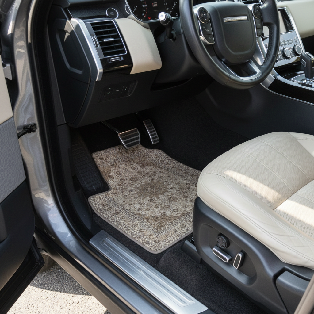 Nain Ivory ethnic car mat installed in Range Rover Sport - premium oriental floor mat with beige ivory design