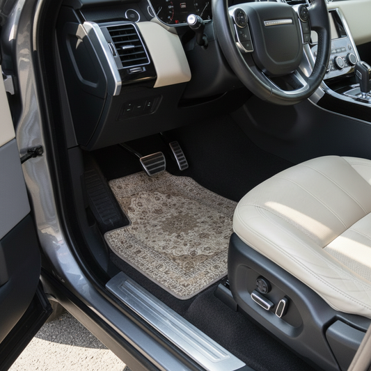 Nain Ivory ethnic car mat installed in Range Rover Sport - premium oriental floor mat with beige ivory design
