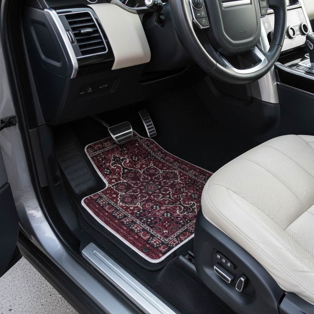 Bidjar Burgundy ethnic car mat installed in Range Rover Sport - premium oriental floor mat with burgundy vine design
